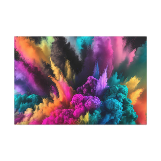 The Colorful Thought Explosion canvas gallery wraps feature a dynamic blend of pink, purple, blue, orange, and green clouds against a white background. This vivid abstract art piece captivates the senses and is perfect for those seeking contemporary home decor.