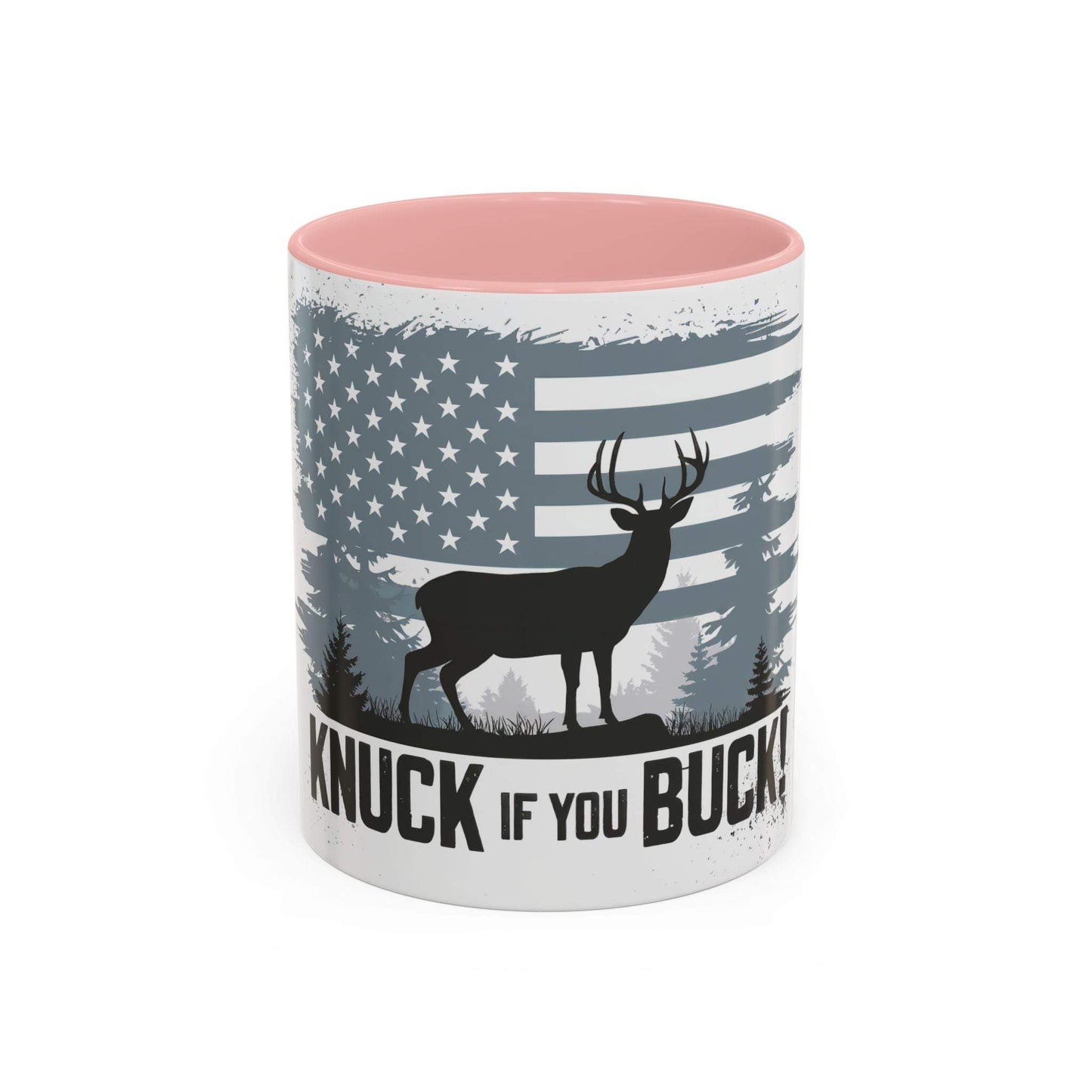 Hunting-themed coffee mug with American flag and buck design.