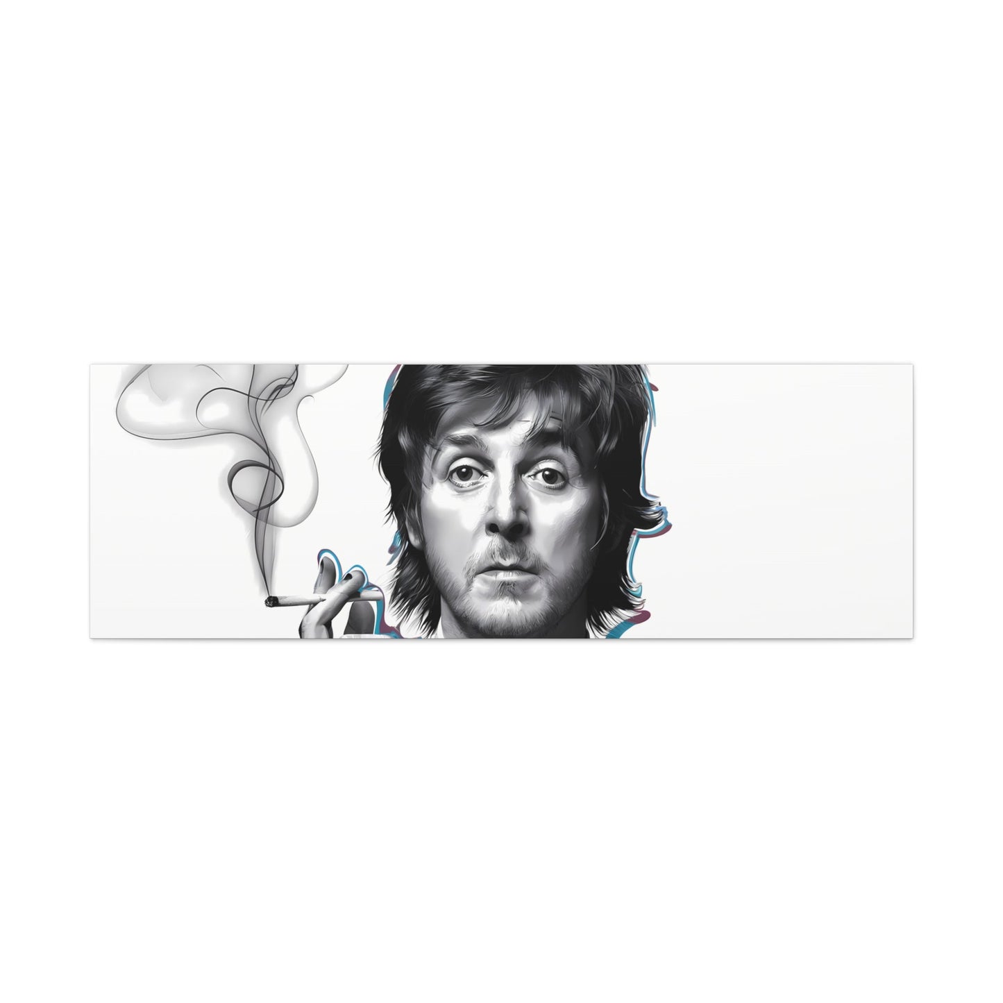 Surrealist portrait of Paul McCartney with cigarette and bold geometric tie design. Canvas gallery wrap wall art.