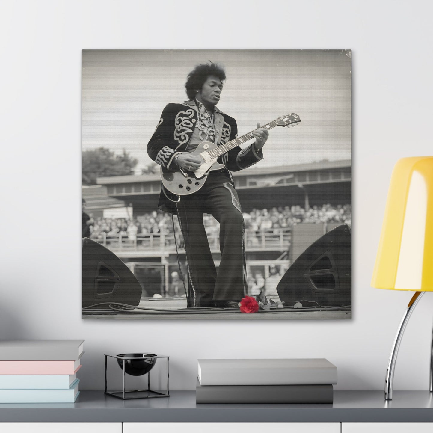 Vintage-Style Jimi HendrixVintage-Style Jimi Hendrix Performance Photo - Unique Black-and-White CanvasExperience the raw energy of Jimi Hendrix in this vintage-style black-and-white photo. This unique art print captures the iconic guitarist mid-performance, surrounde