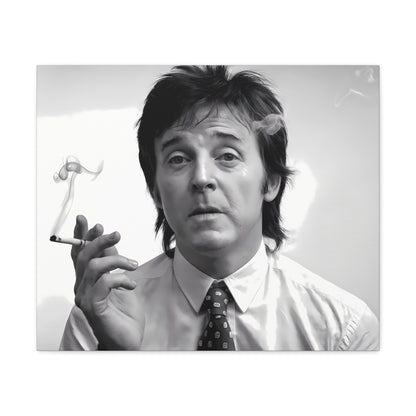 Timeless black and white Paul McCartney portrait with cigarette smoke, 1960s inspired decor.