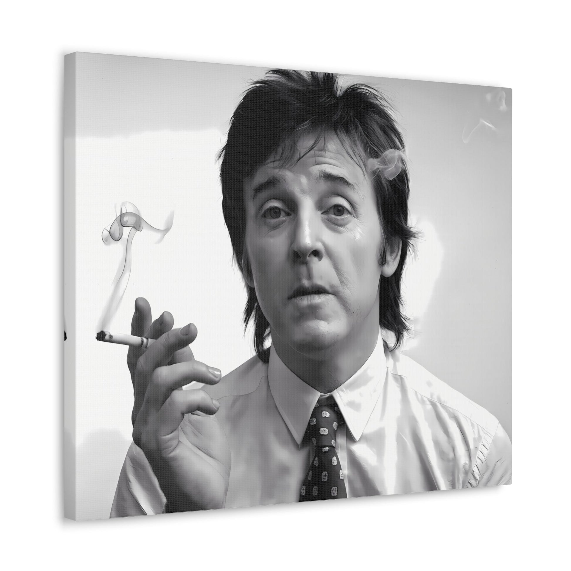 Black and white portrait of Paul McCartney with cigarette smoke, 1960s-inspired decor, canvas wall art.