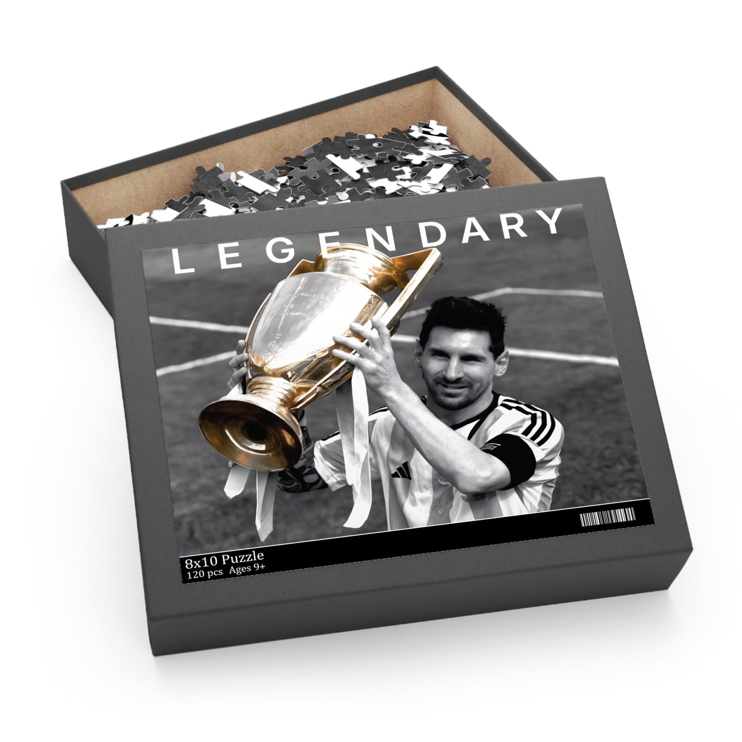 Lionel Messi Soccer Game - Vintage Glory championship puzzle set with 8K black and white image, featuring Messi holding a gold trophy.