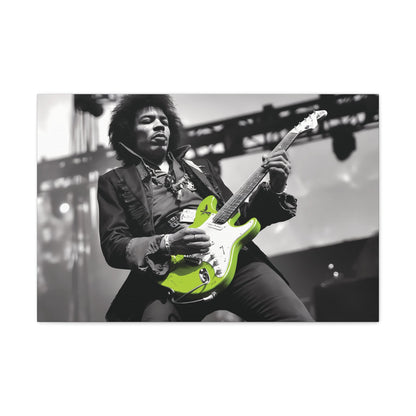 Monochrome portrait of Jimi Hendrix with neon green guitar, dynamic stage pose, rock legend wall art.