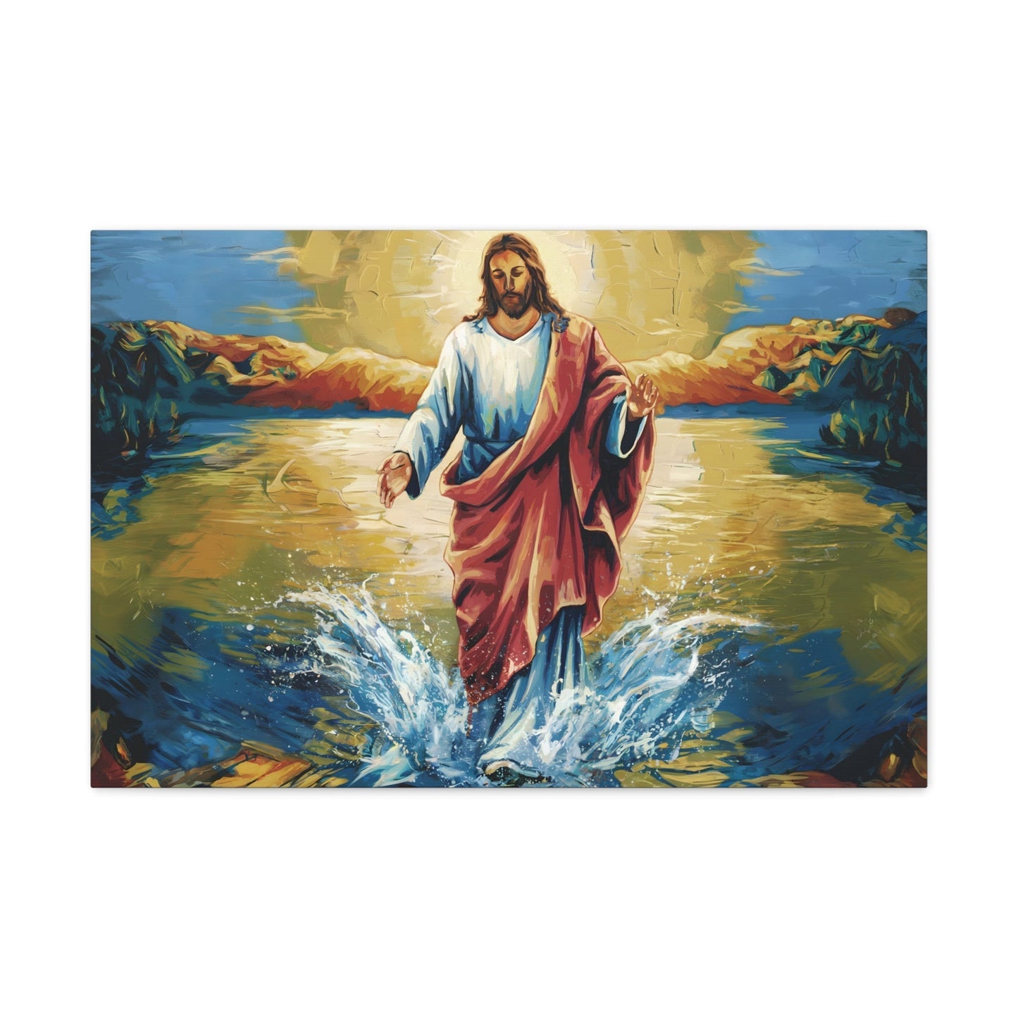 Jesus Christ Walking on Water Painting, vibrant colors, divine imagery, faith fine art wall print.