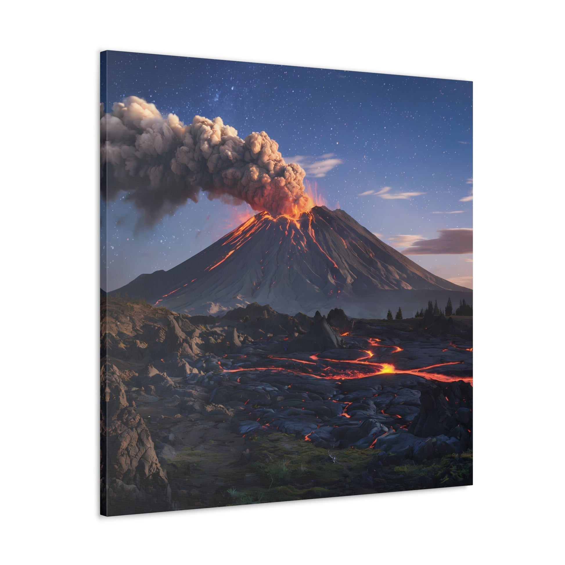 Dramatic volcano landscape canvas depicting an erupting volcano under a starry night sky with glowing lava flows.