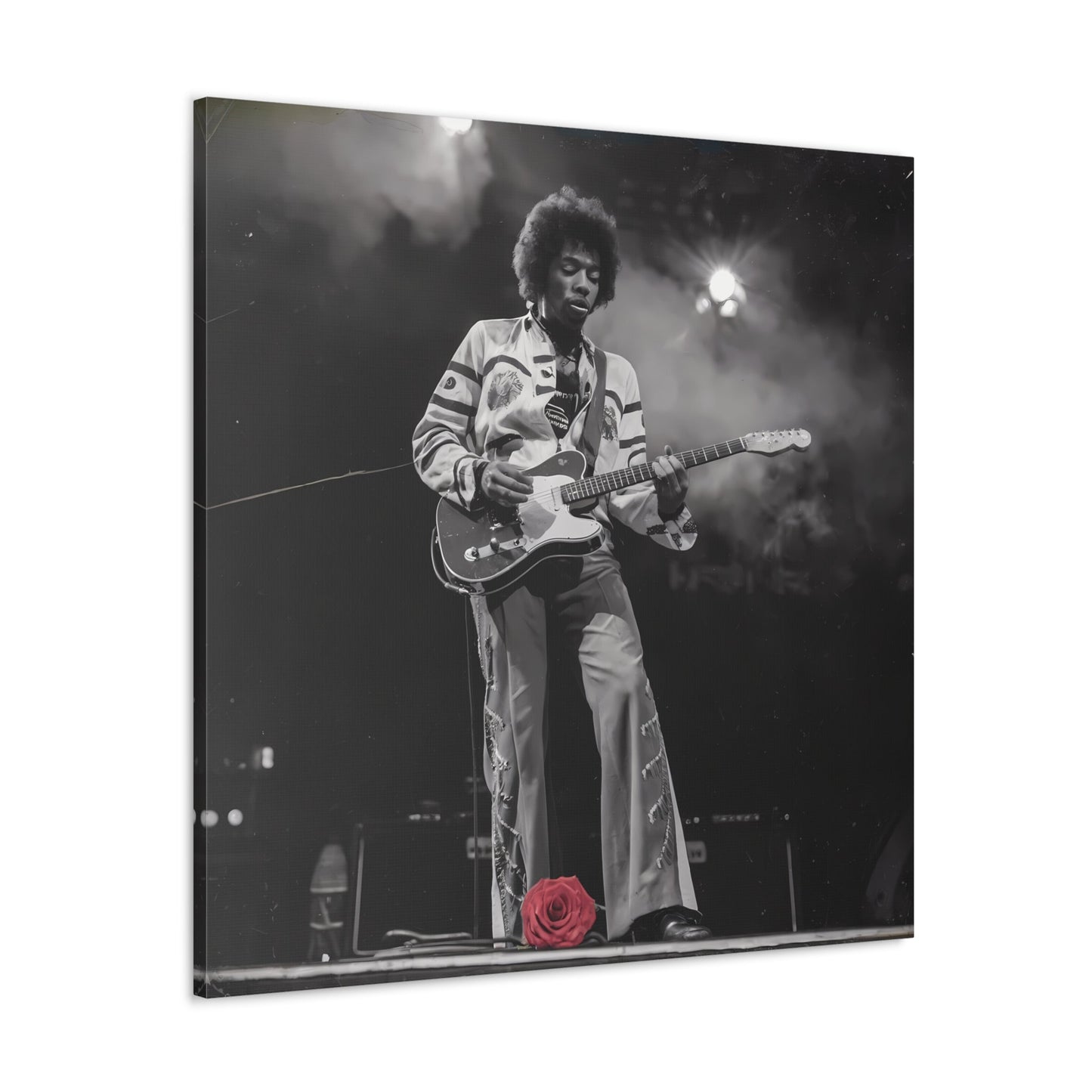 Jimi Hendrix Timeless Passion: Jimi Hendrix Vintage Performance | Canvas Gallery WrCanvasJimi Hendrix Vintage Photo Art - Black and White with Red Rose AccentExperience the raw energy of Jimi Hendrix through this unique vintage-style canvas. Bring the s