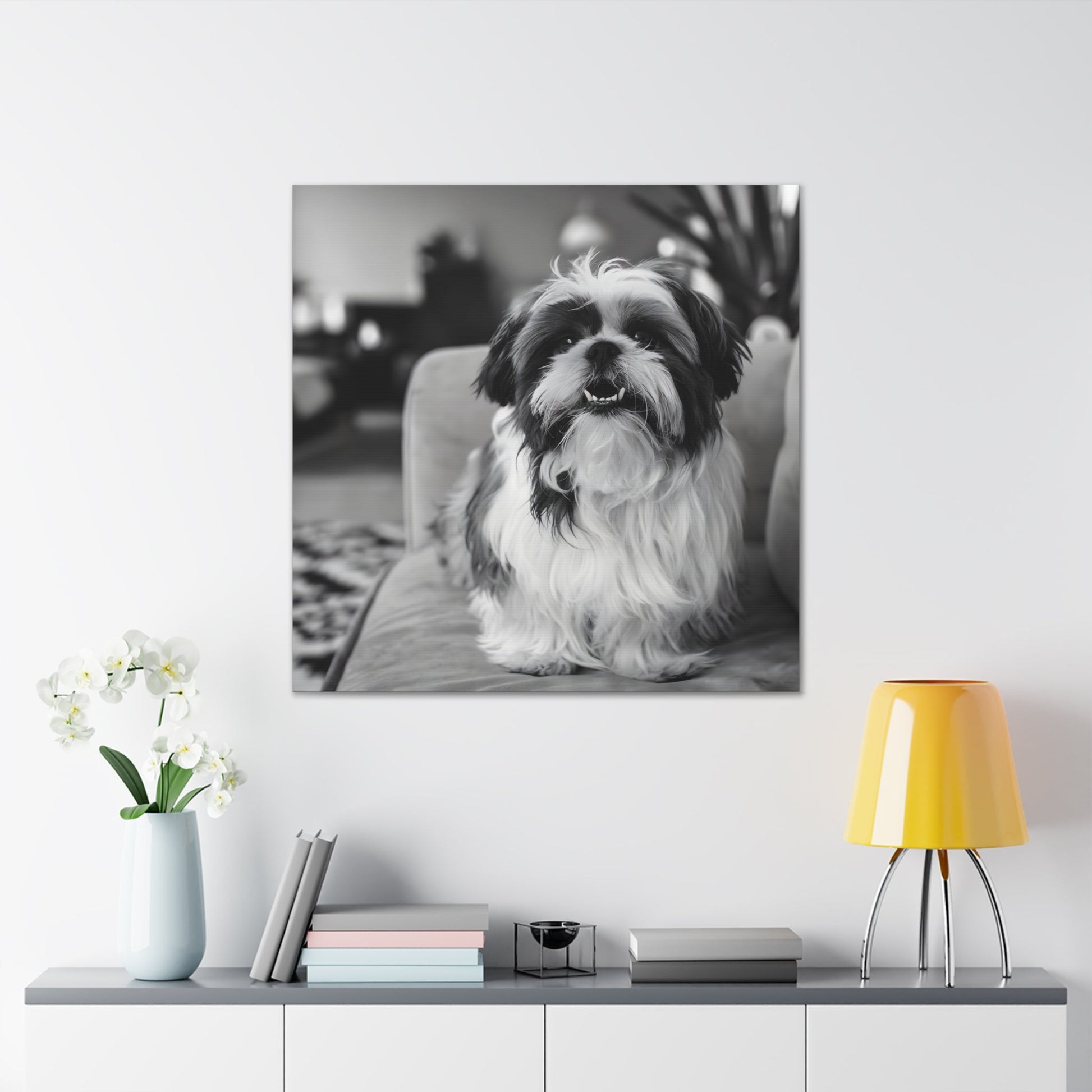 "Curly-Sue" The Shih Tzu"Curly-Sue" The Shih Tzu Art Print | Black & White Color Splash | MonoCanvas"Curly-Sue Shih Tzu Art Print | Black &amp; White Color Splash | Monochromatic Living Room Decor 
Discover a striking black-and-white art print of Curly-Sue, a Shih 