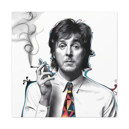 Surrealist portrait of Paul McCartney with cigarette and bold geometric tie design on canvas gallery wrap.