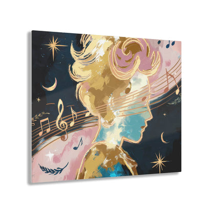 Abstract portrait with musical notes on Cosmic Harmony wall art print, featuring celestial elements in a dreamlike illustration.