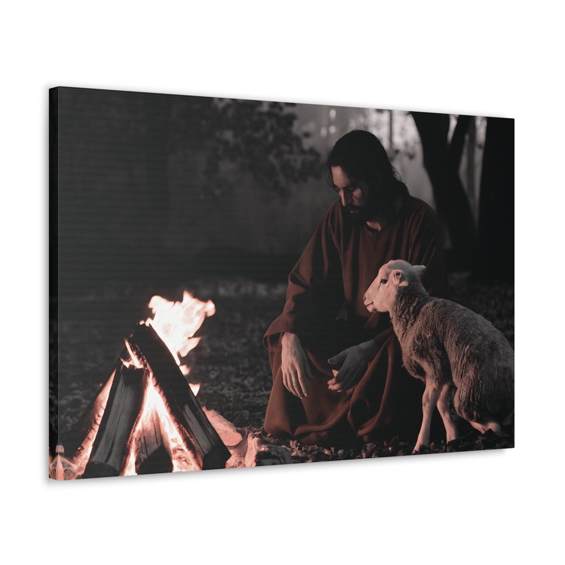 Limited edition Jesus painting with lamb and sacred flame, Christian wall art decor on canvas gallery wraps.