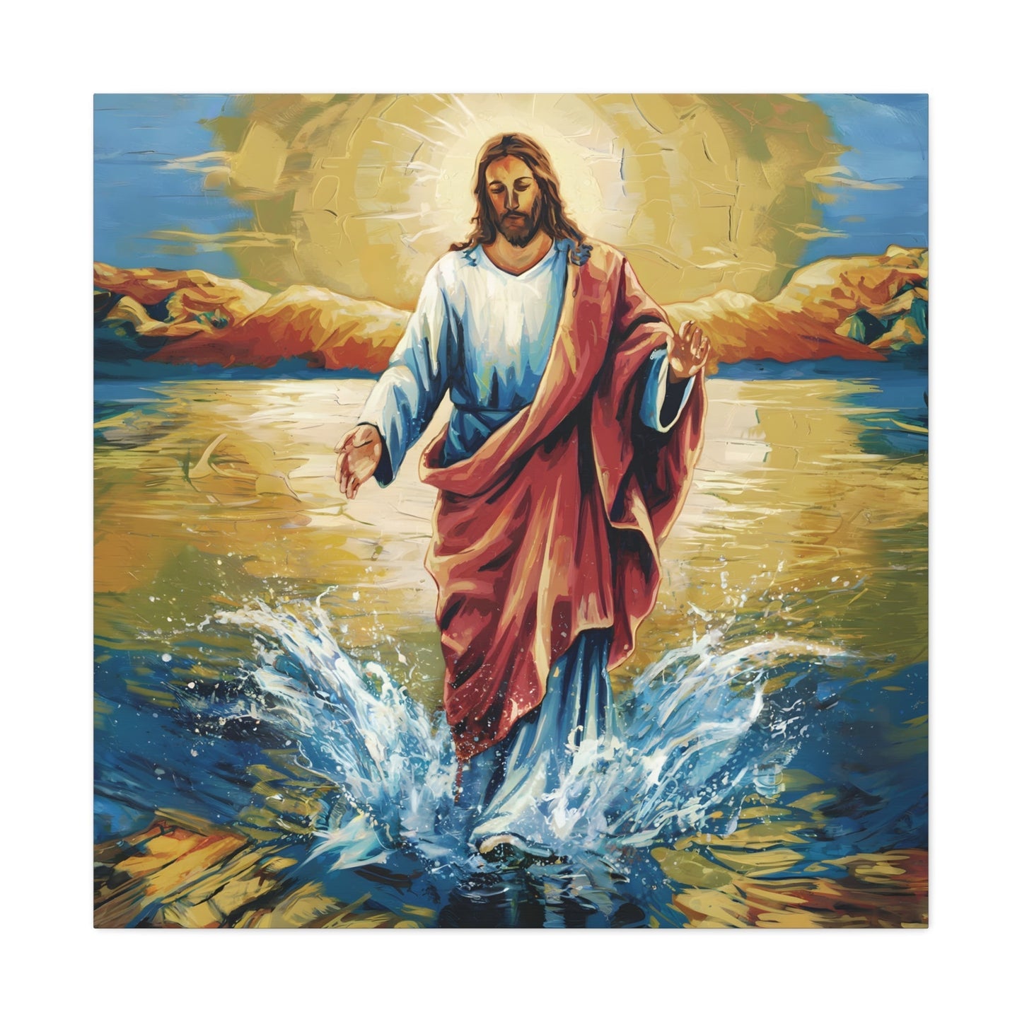 Jesus Christ walking on water painting, vibrant colors, canvas gallery wrap.