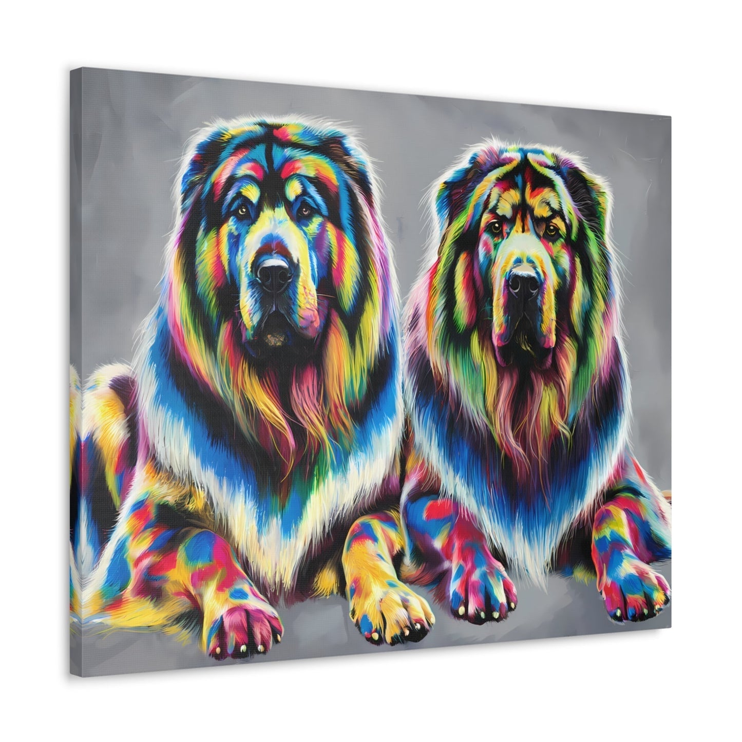 Vibrant canvas wall art featuring rainbow-colored Tibetan Mastiffs in a colorful dog portrait display.