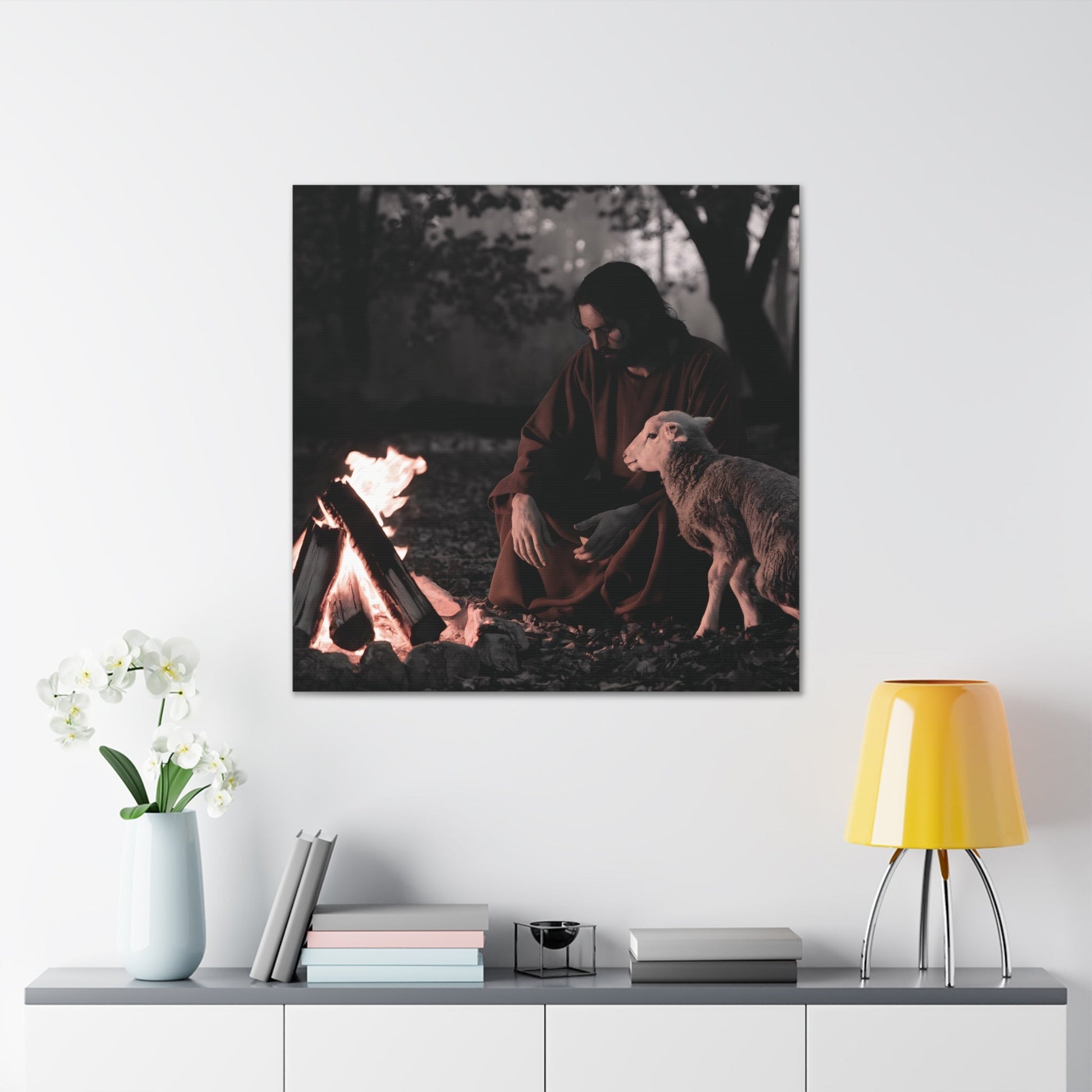 Limited edition Jesus painting of Lamb and Sacred Flame in black and white with orange accents, Christian wall art decor.