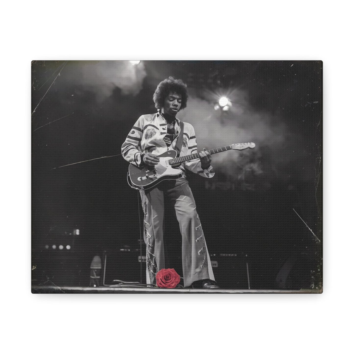 Jimi Hendrix Timeless Passion: Jimi Hendrix Vintage Performance | Canvas Gallery WrCanvasJimi Hendrix Vintage Photo Art - Black and White with Red Rose AccentExperience the raw energy of Jimi Hendrix through this unique vintage-style canvas. Bring the s