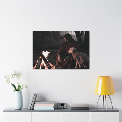 Christian wall art featuring Jesus praying beside a lamb with glowing flames, limited edition canvas.