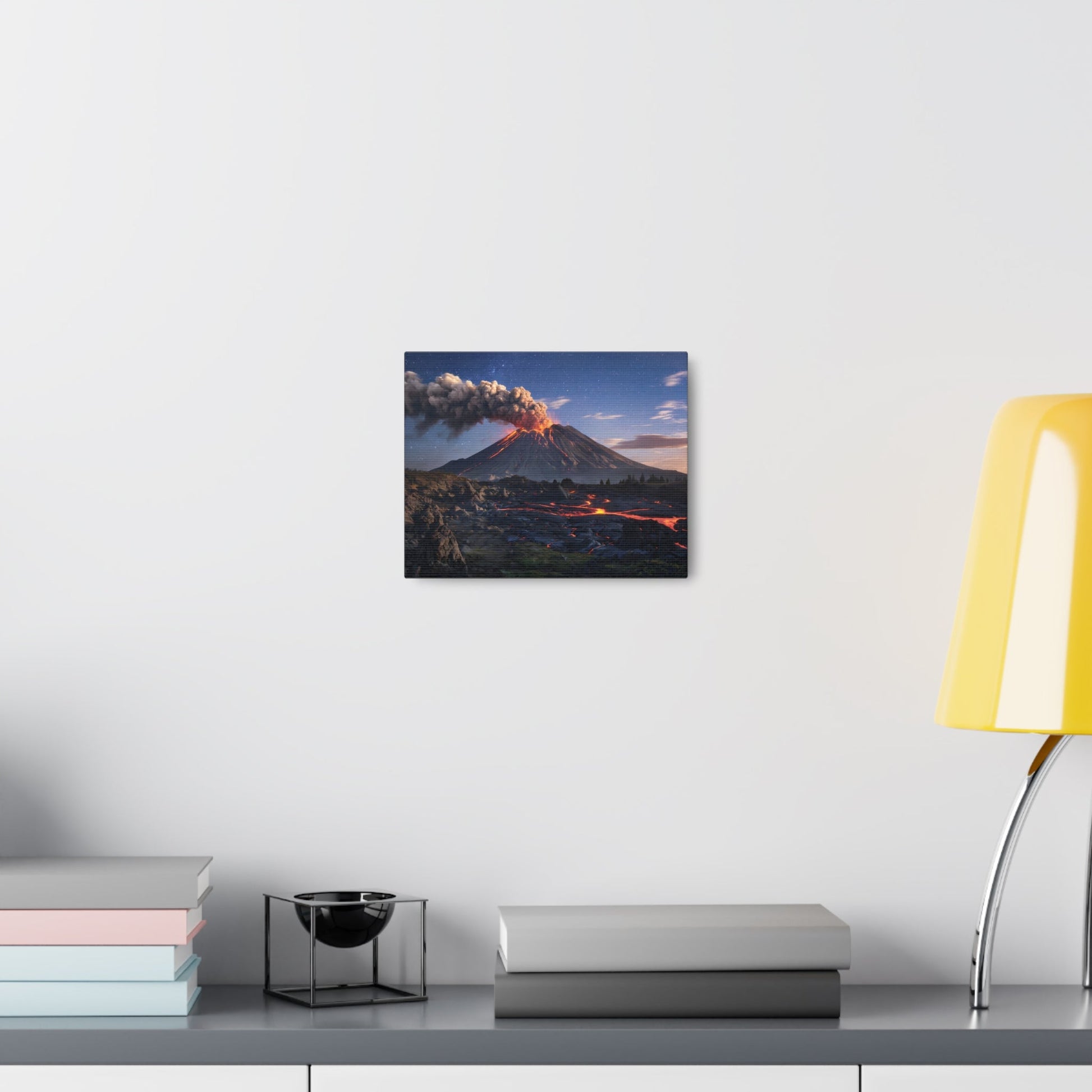 Dramatic volcano landscape canvas on wall with glowing lava and starry night sky.