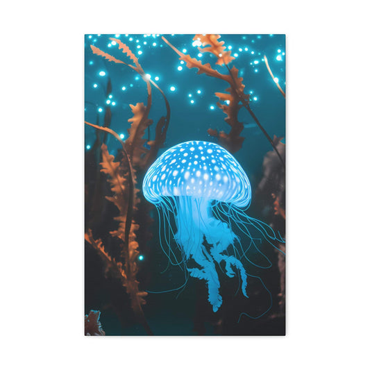 Bioluminescent underwater jellyfish scene on matte canvas, perfect nature art decor.