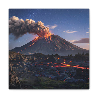 Dramatic volcano landscape canvas featuring active volcano with lava flows and ash plume under starry night sky.