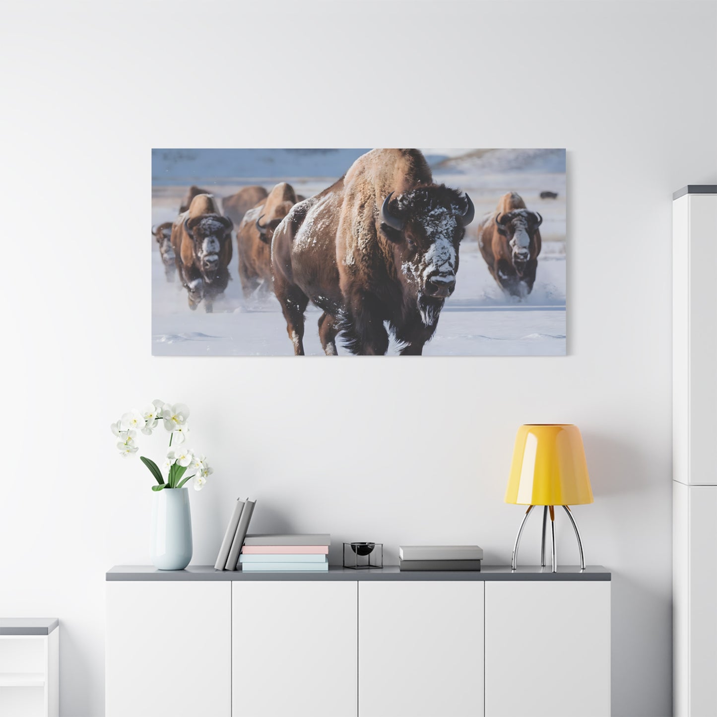 Massive Bison Herd in Snow | Winter Wildlife Photography Wall Art | Snow-Covered Plains Art | " Lead The Pack " - Matte Canvas