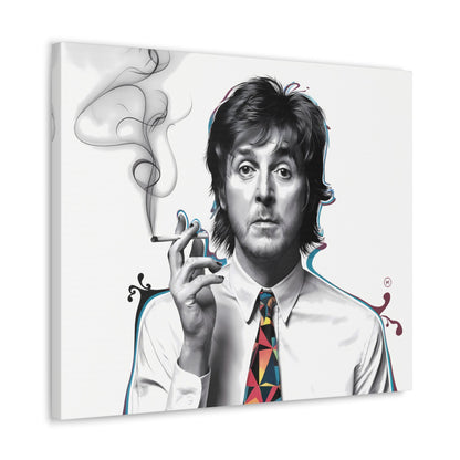 Surrealist Paul McCartney portrait on canvas with cigarette and bold geometric tie design.