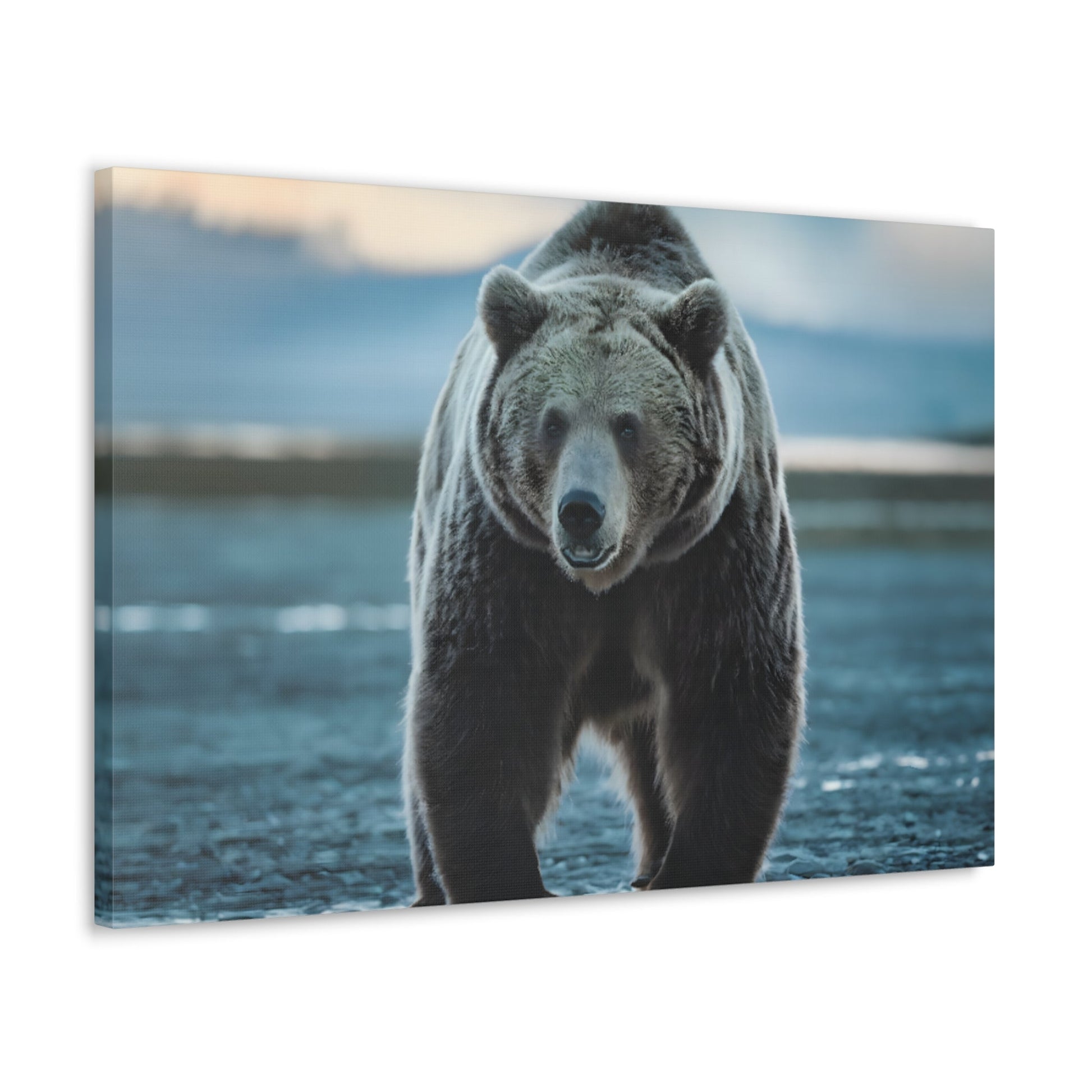 Majestic brown bear canvas wall art in natural wilderness setting.