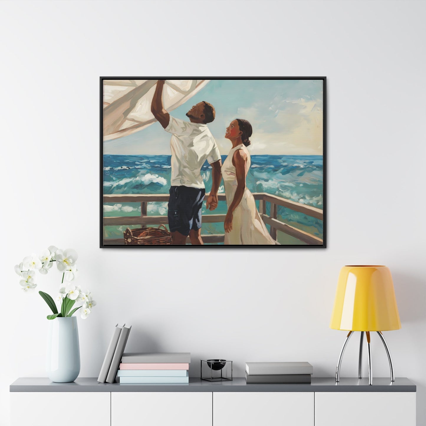 African American Couple Painting: Serene Coastal Gallery Canvas Wrap - Perfect Gift for Coastal Living Lovers