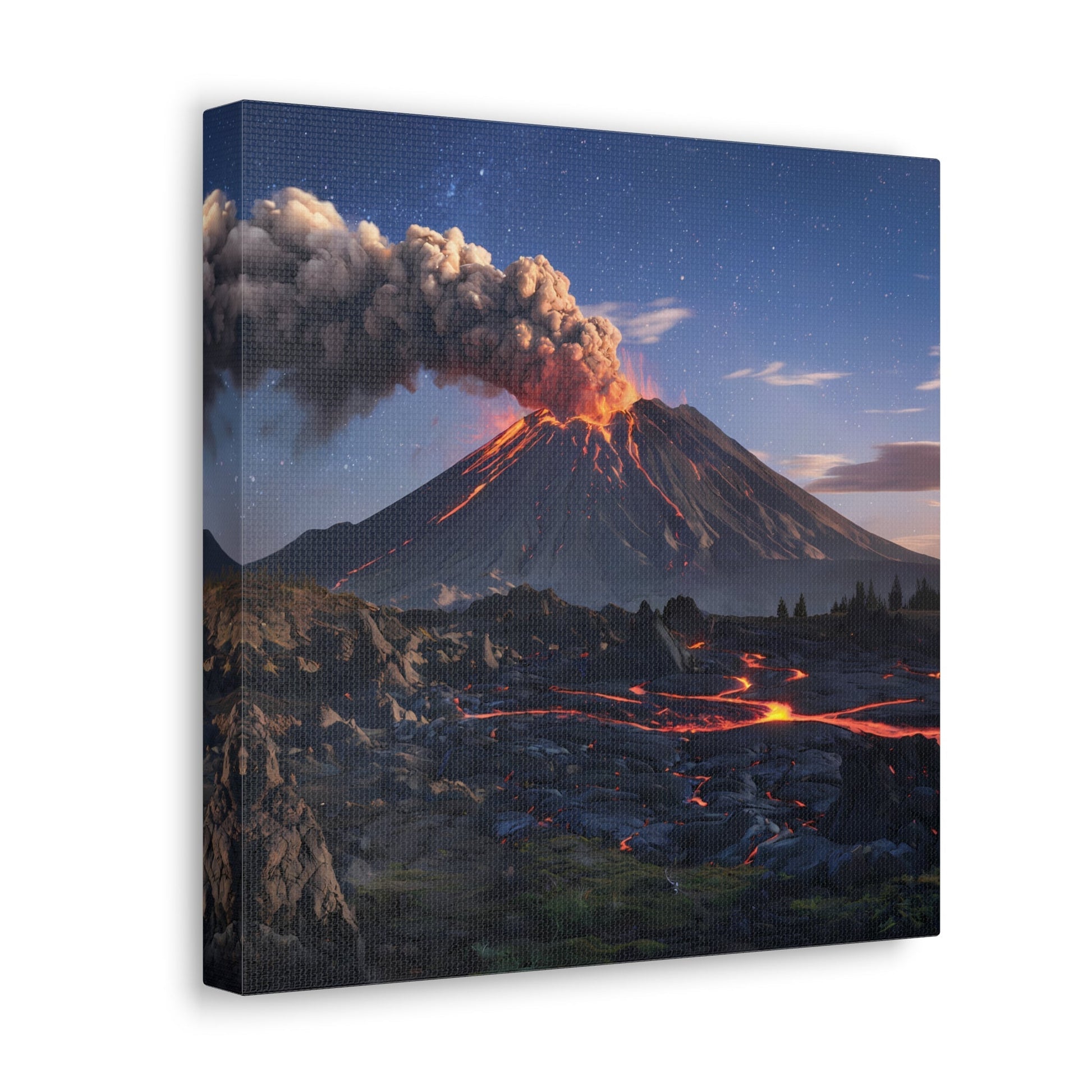 Dramatic Volcano Landscape canvas showing active volcano with glowing lava under starry sky.