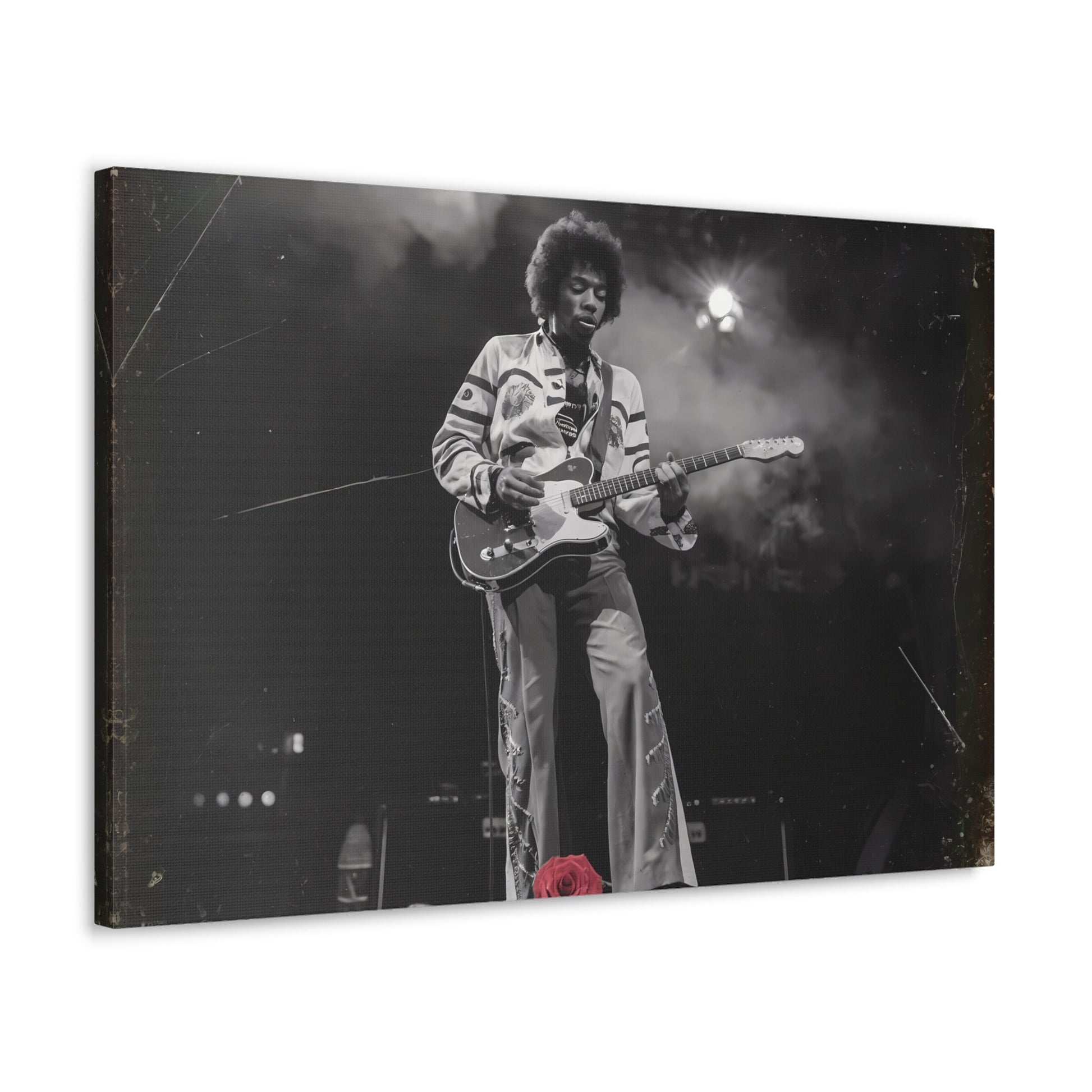 Jimi Hendrix Timeless Passion: Jimi Hendrix Vintage Performance | Canvas Gallery WrCanvasJimi Hendrix Vintage Photo Art - Black and White with Red Rose AccentExperience the raw energy of Jimi Hendrix through this unique vintage-style canvas. Bring the s