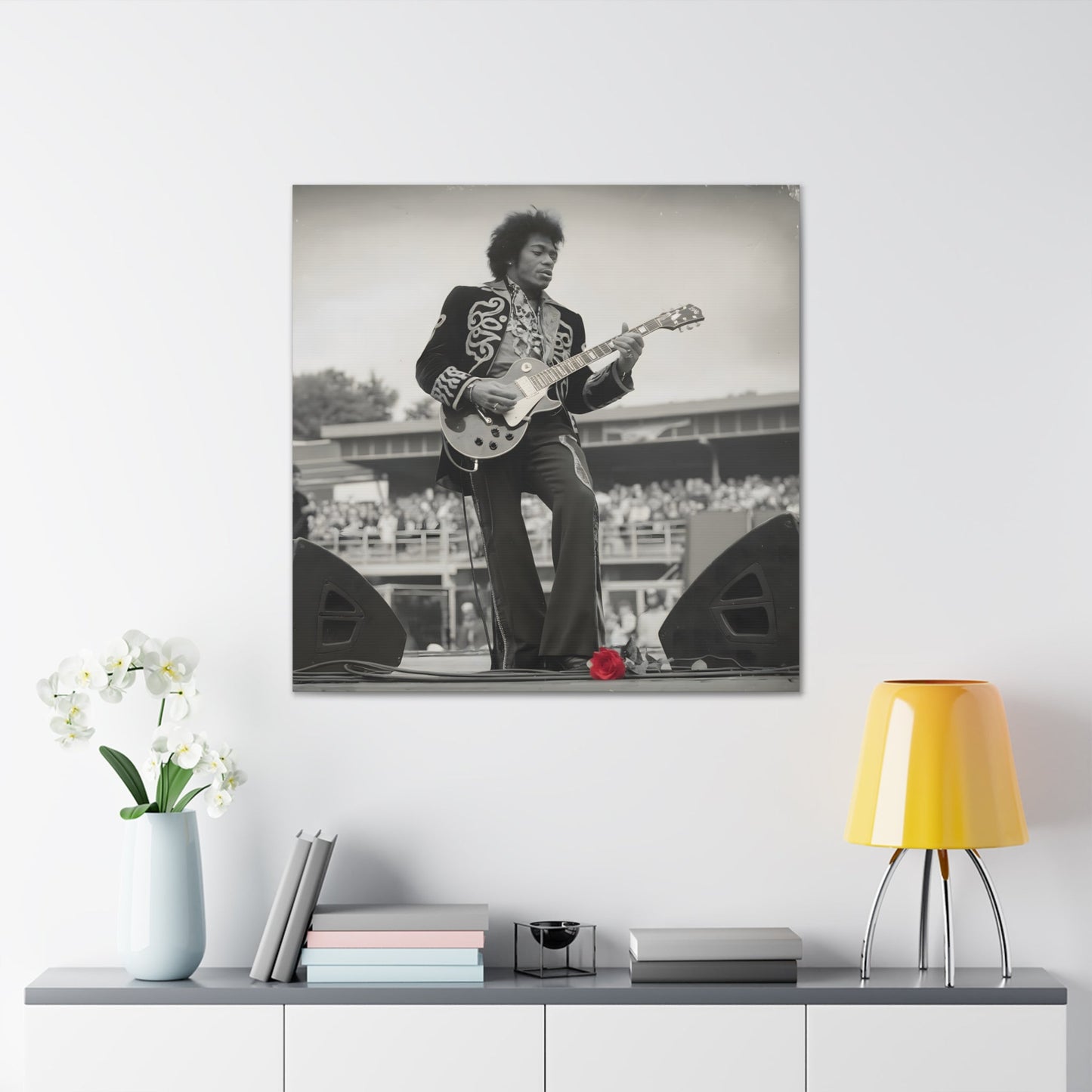 Vintage-Style Jimi HendrixVintage-Style Jimi Hendrix Performance Photo - Unique Black-and-White CanvasExperience the raw energy of Jimi Hendrix in this vintage-style black-and-white photo. This unique art print captures the iconic guitarist mid-performance, surrounde