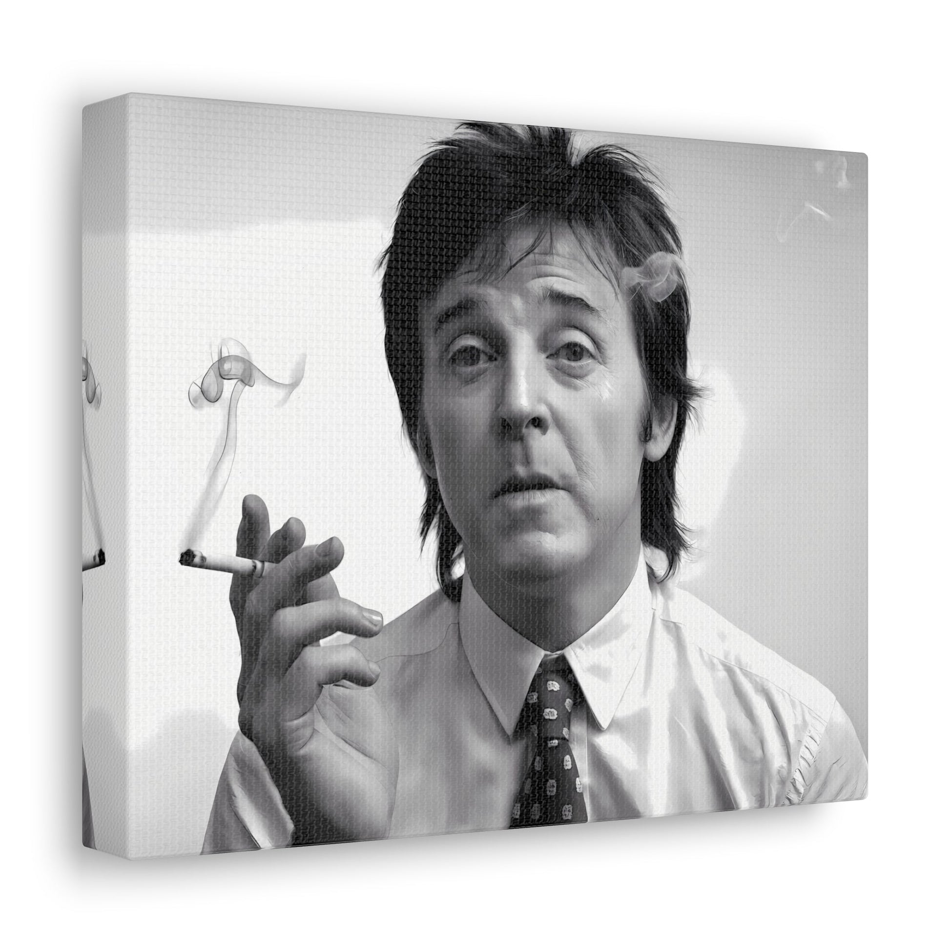 "Always Cool" Paul McCartney black and white portrait with cigarette smoke, 1960s inspired modern wall art.