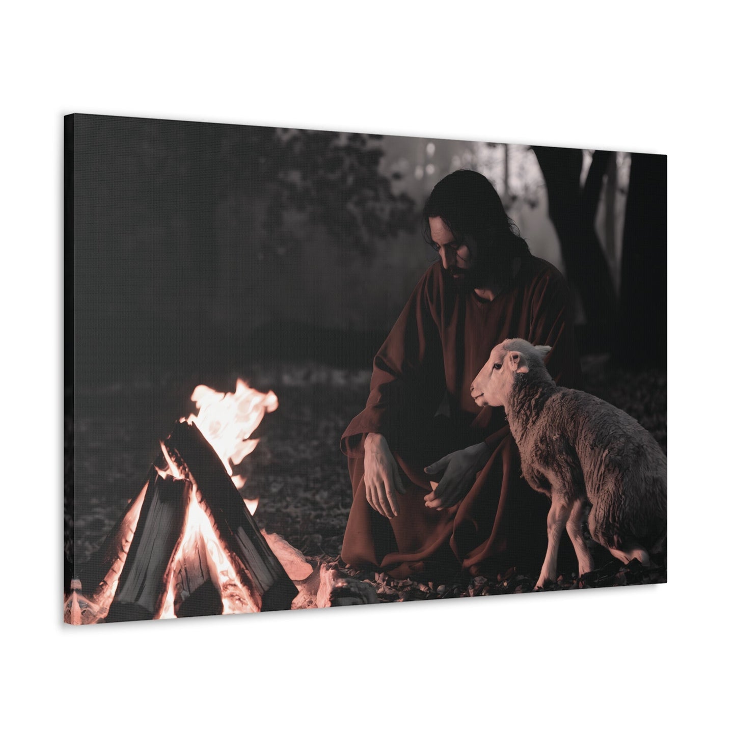 Jesus painting depicting Jesus and the Lamb by a sacred flame in a forest setting, limited edition Christian wall art.