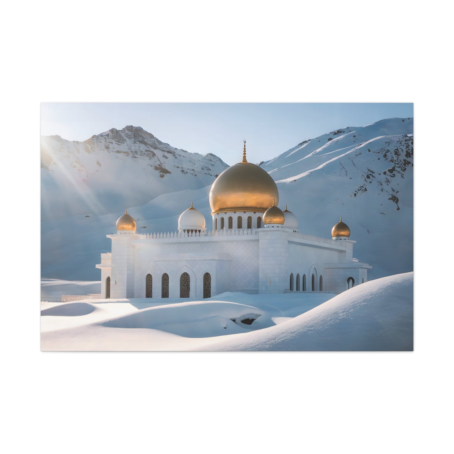 Ethereal Sanctuary: Majestic White Mosque with Golden Domes - Landscape Photography Art Arab