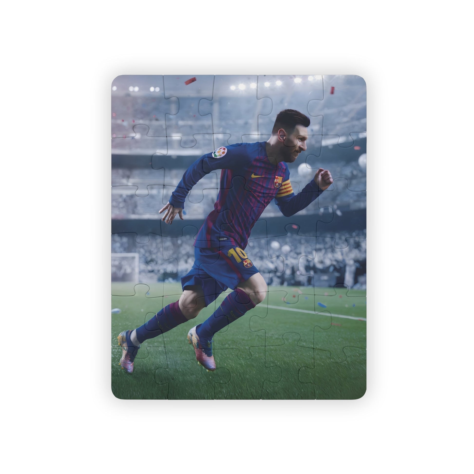 Lionel Messi Kids Puzzle, 30-piece jigsaw, featuring Messi in FC Barcelona jersey, vibrant and engaging design.