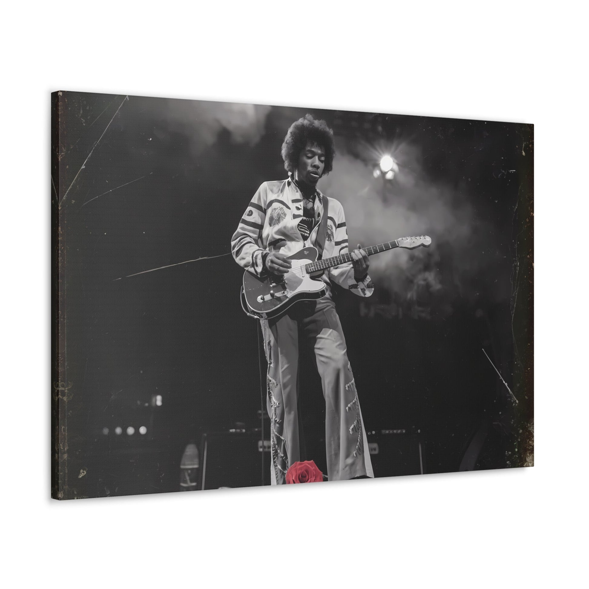 Jimi Hendrix Vintage PerformanceTimeless Passion: Jimi Hendrix Vintage Performance | Canvas Gallery WrCanvasJimi Hendrix Vintage Photo Art - Black and White with Red Rose Accent
Experience the raw energy of Jimi Hendrix through this unique vintage-style canvas. Bring the s