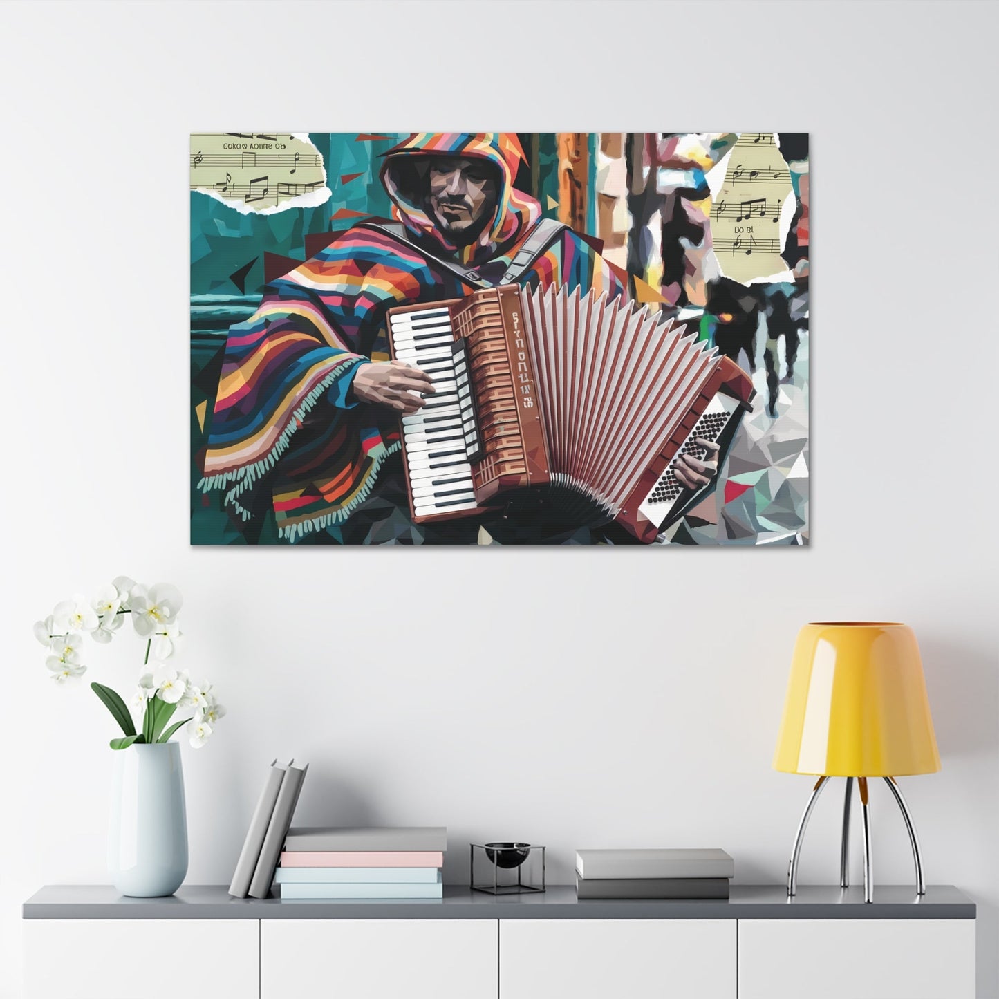 Vibrant accordion art of a musical street performer with fragmented and multicolored design, collage-style details, and teal background.