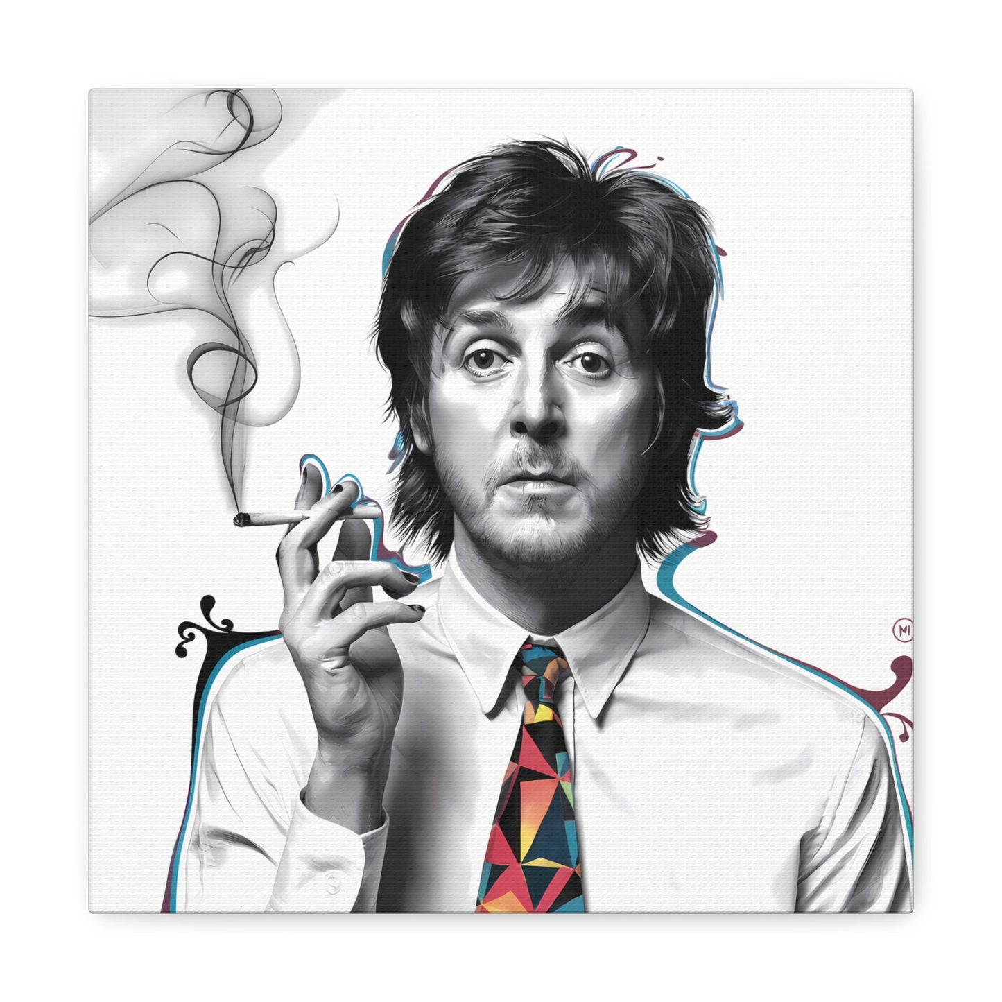 Surrealist Paul McCartney portrait with cigarette and bold geometric tie on canvas gallery wrap.