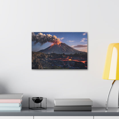 Dramatic volcano landscape canvas with glowing lava and starry night sky, wall art for nature lovers.