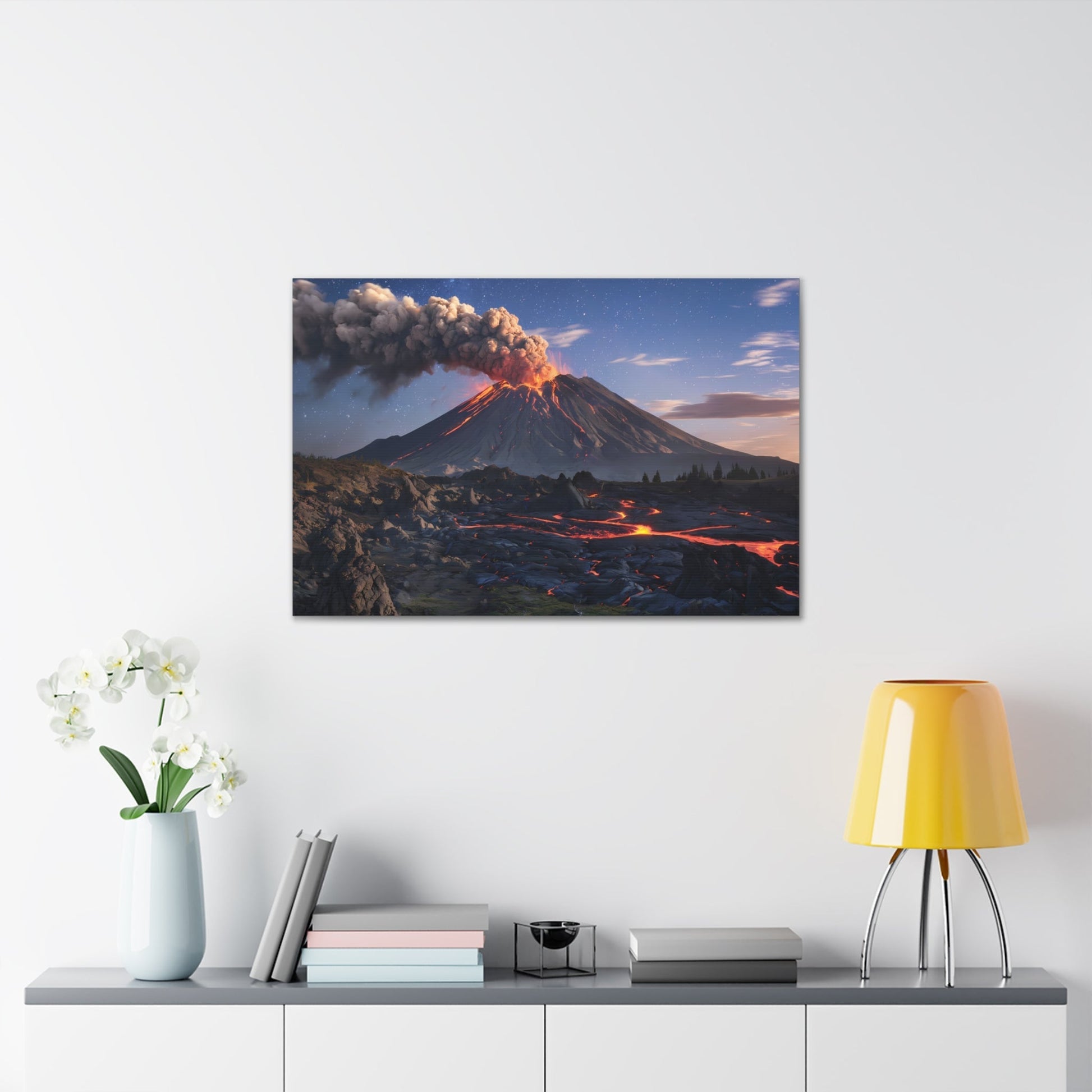 Dramatic Volcano Landscape Canvas Gallery Wrap displayed above a shelf; majestic volcano under a starry night sky, glowing lava and ash plume.