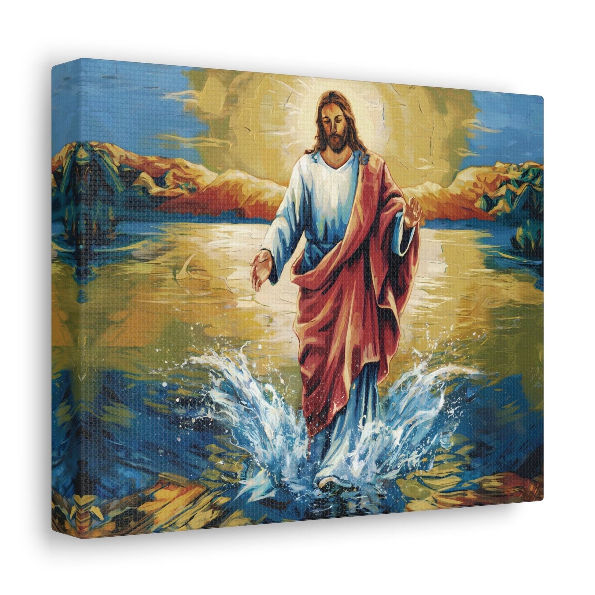 Jesus Christ walking on water painting, vibrant colors, canvas print, religious artwork.