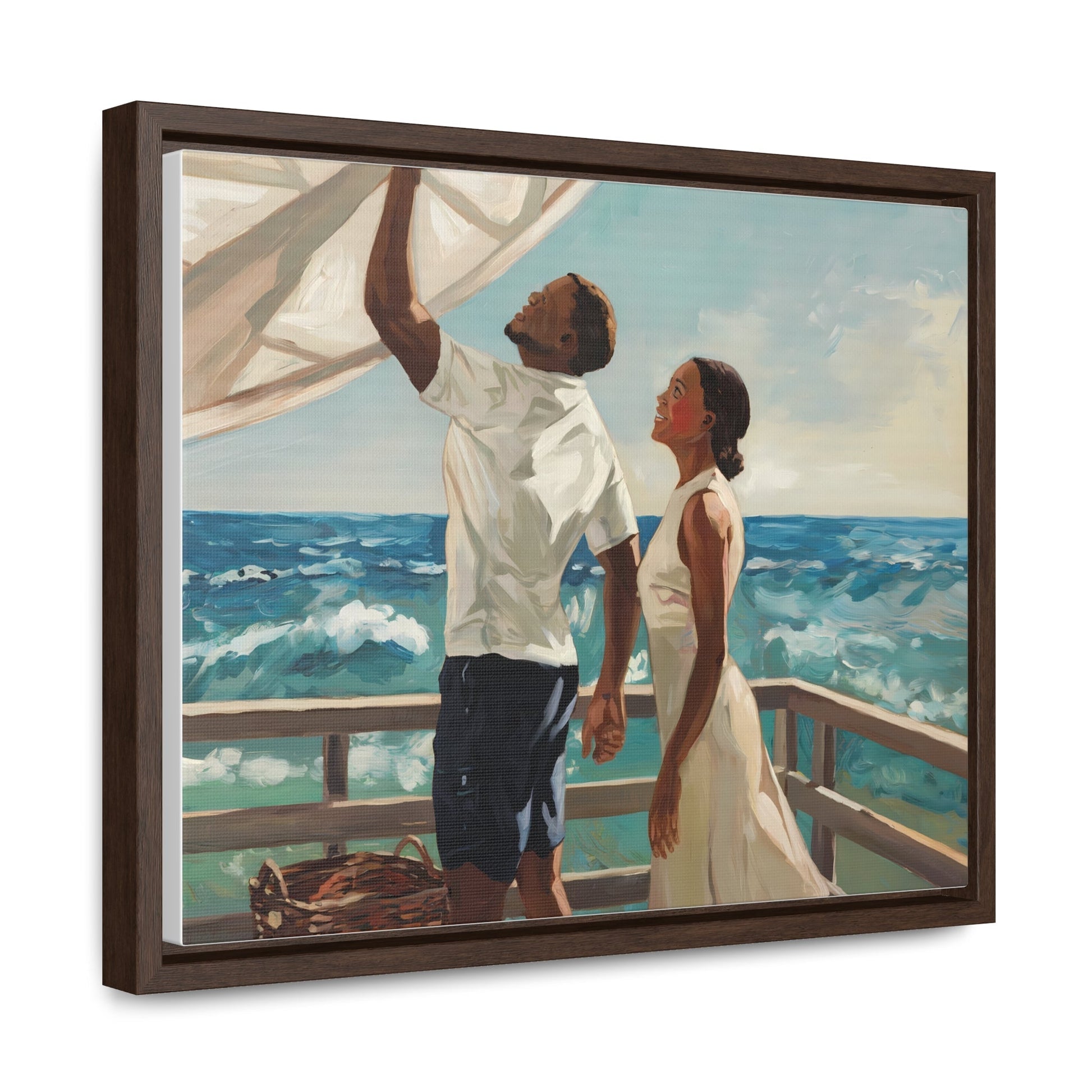 African American couple painting on coastal deck canvas, featuring ocean waves and clear sky.