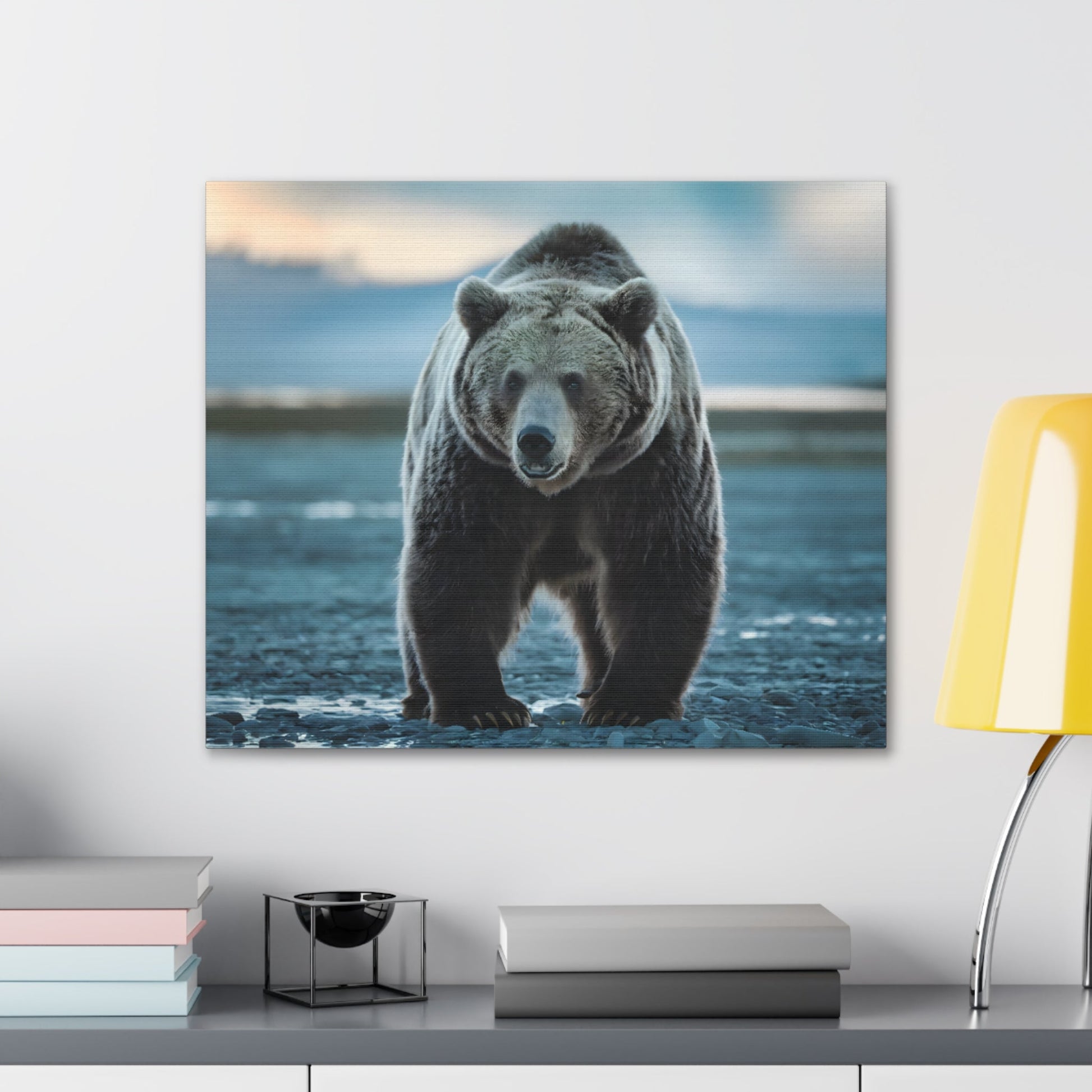 Majestic brown bear canvas wall art in wilderness setting, perfect for nature-inspired decor.