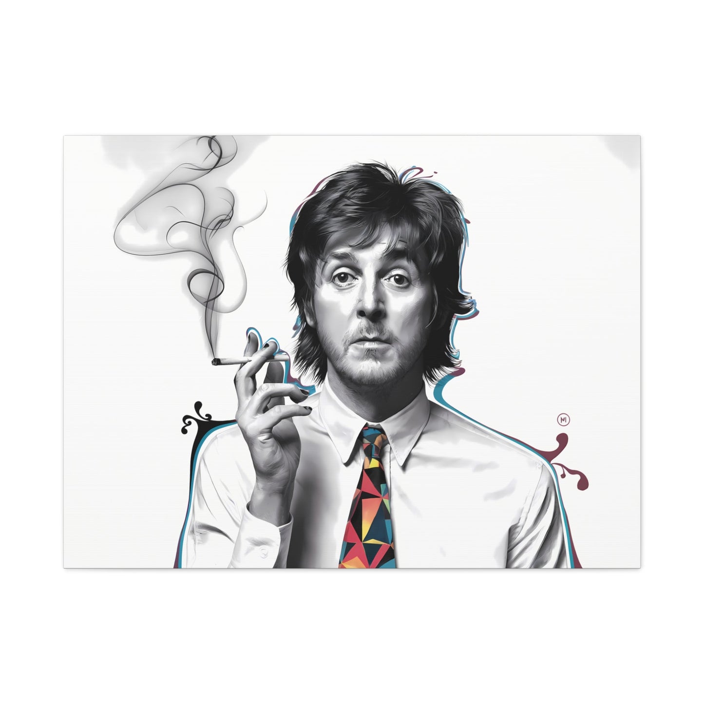 Surrealist portrait of Paul McCartney with cigarette and bold geometric tie on canvas gallery wrap.