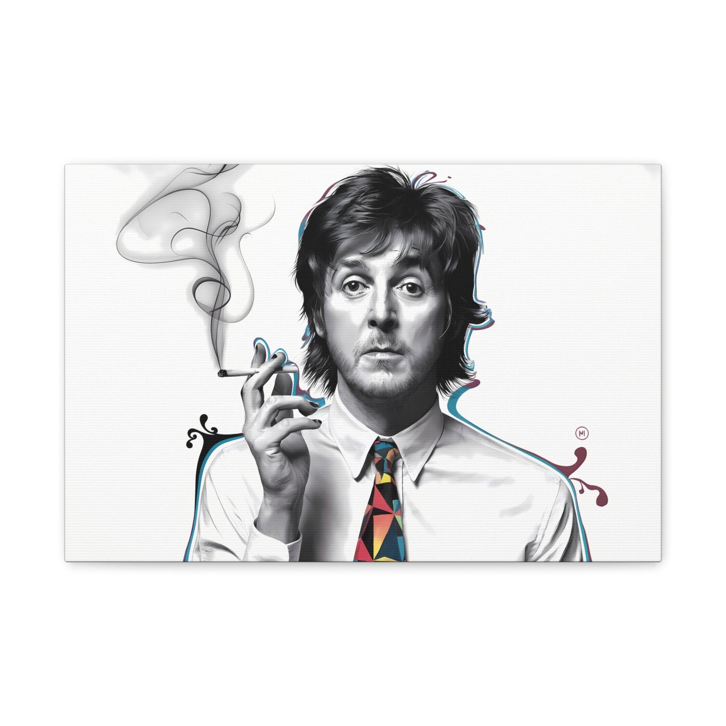 Paul McCartney surrealist portrait with cigarette and bold geometric tie, canvas wall art.