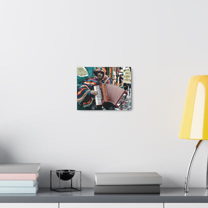 Vibrant accordion street performer art on canvas gallery wrap displayed in modern room.