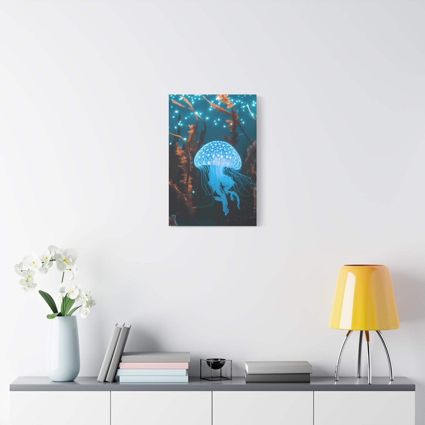 nullBioluminescent Underwater Scene | Luminescent Jellyfish | Matte CanvasCanvasTransform your space with this captivating high-resolution canvas print featuring a mesmerizing bioluminescent underwater scene. At the heart of this ethereal image 