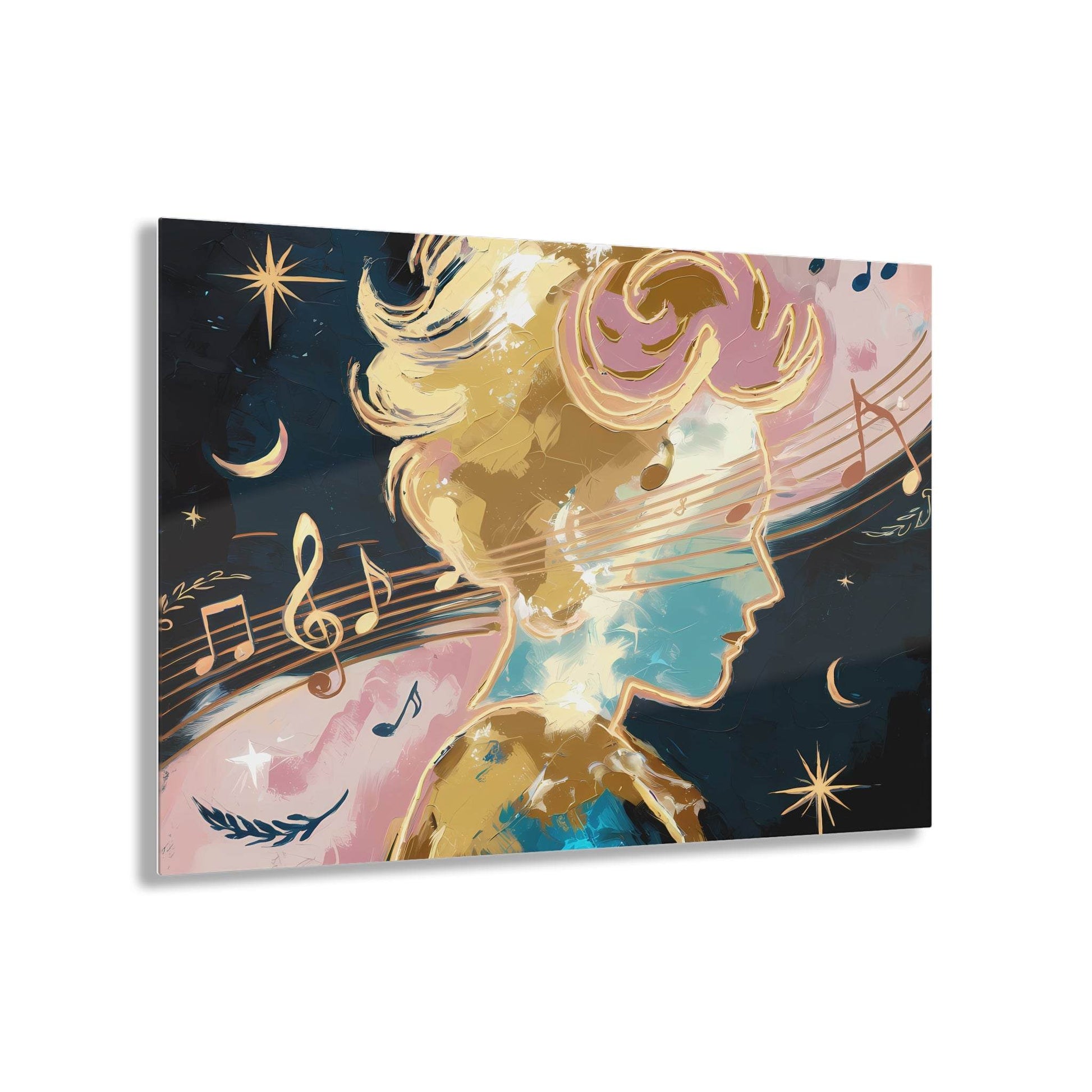 Abstract portrait with musical notes and celestial elements, cosmic harmony wall art.