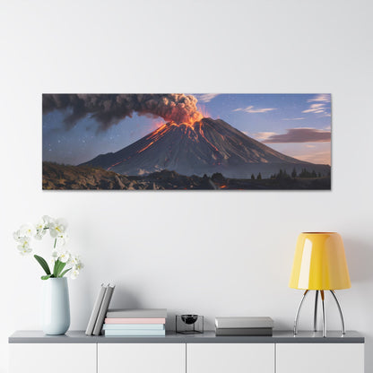 Dramatic volcano landscape canvas with erupting volcano under starry night sky, perfect wall art for nature lovers.