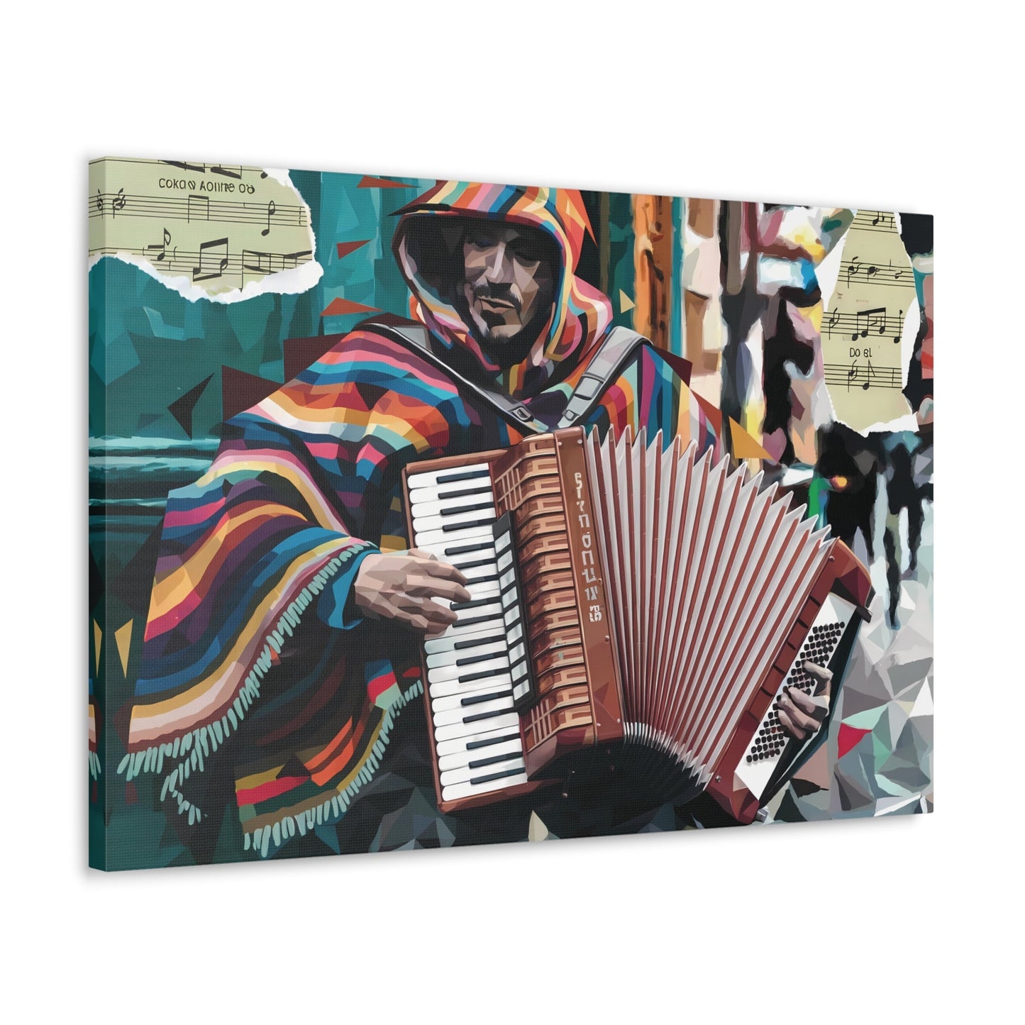 Vibrant accordion player street art canvas, bold multicolored strokes, musical street performer.