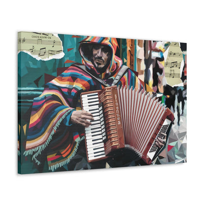 Vibrant accordion player street art canvas, bold multicolored strokes, musical street performer.